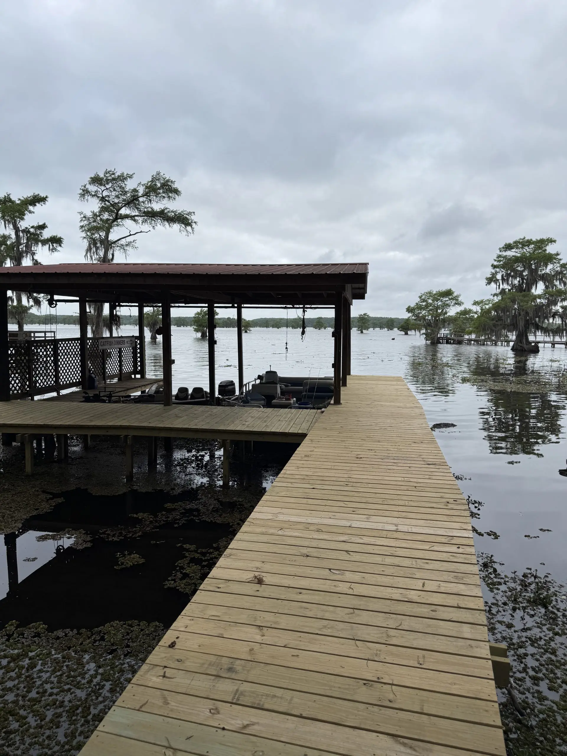 #image_title Wooden dock extends into a calm lake under a cloudy sky, with a sheltered boat house and trees in the distance.
