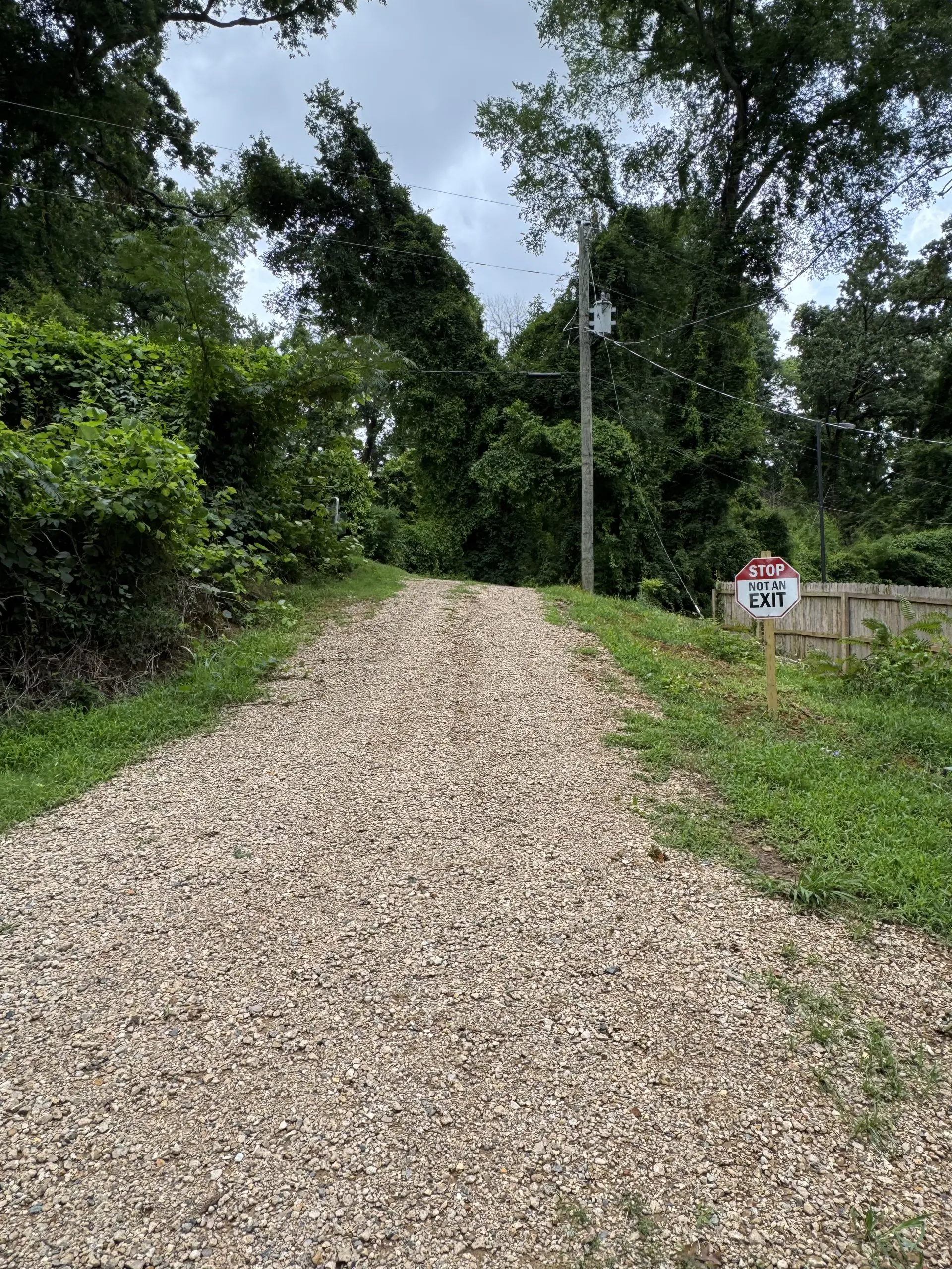 #image_title Gravel rural path winding through dense trees with a utility pole and a small stop sign reading 'Not an Exit' on the right side.