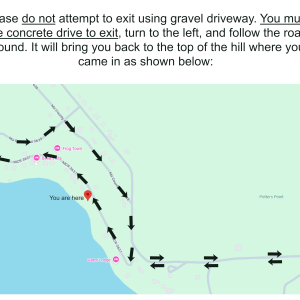 #image_title Map with a 'You are here' pin and several black arrows showing a driving route around a hill; text above instructs to exit via the concrete road.