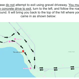 #image_title Map with a 'You are here' pin and several black arrows showing a driving route around a hill; text above instructs to exit via the concrete road.