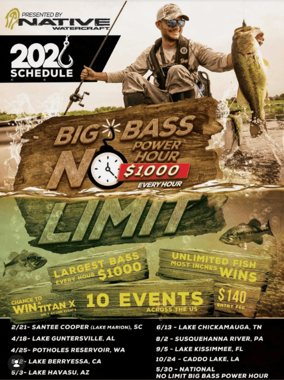 Poster advertising Big Bass No Limit fishing events, showing a man with a caught bass and '$1,000 every hour' sign.