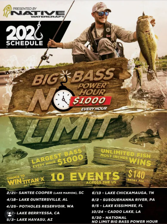 Poster advertising Big Bass No Limit fishing events, showing a man with a caught bass and '$1,000 every hour' sign.