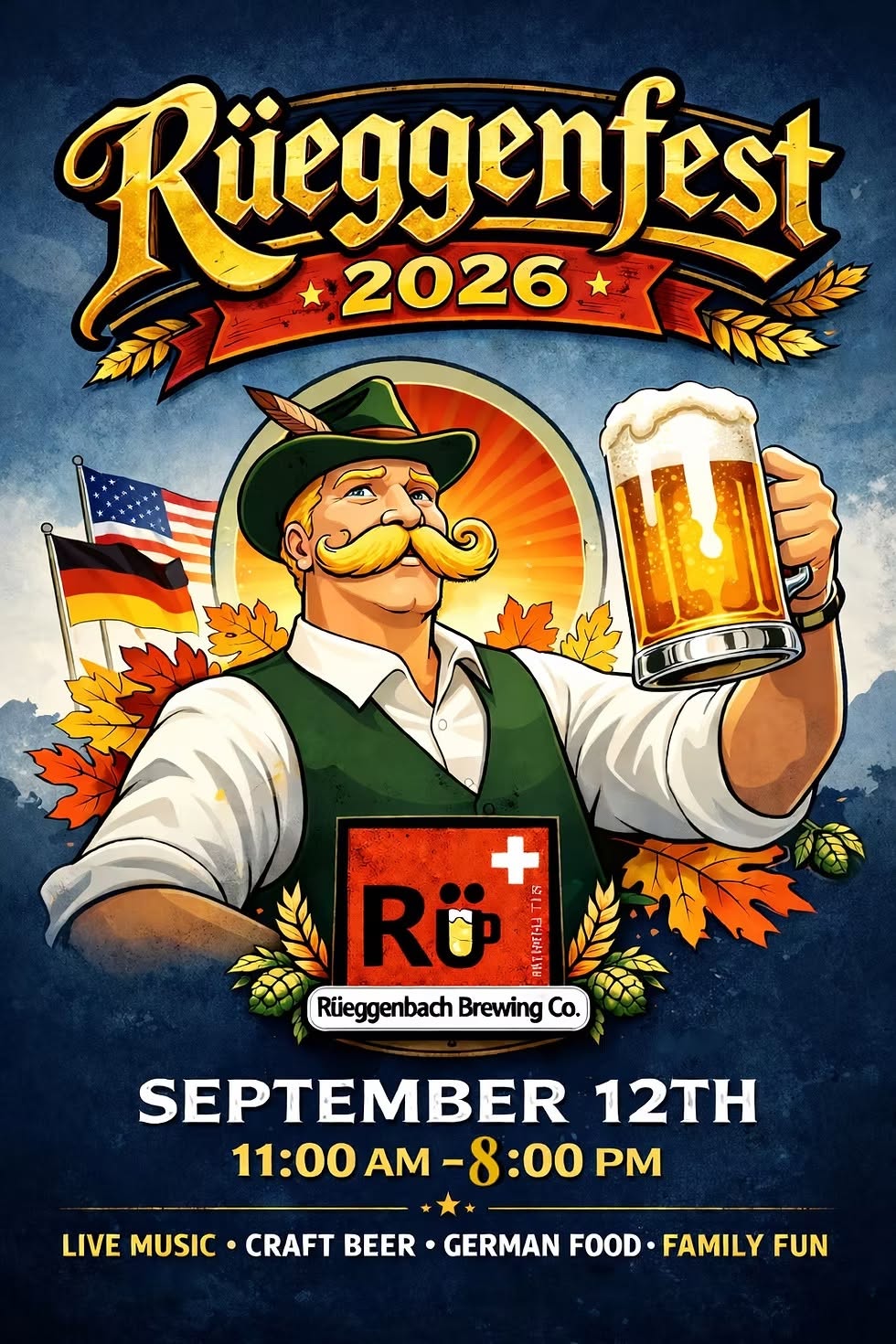 Poster for Ruegenfest 2026: a smiling brewer in a green vest raises a beer mug amid autumn leaves and flags, with event details below.