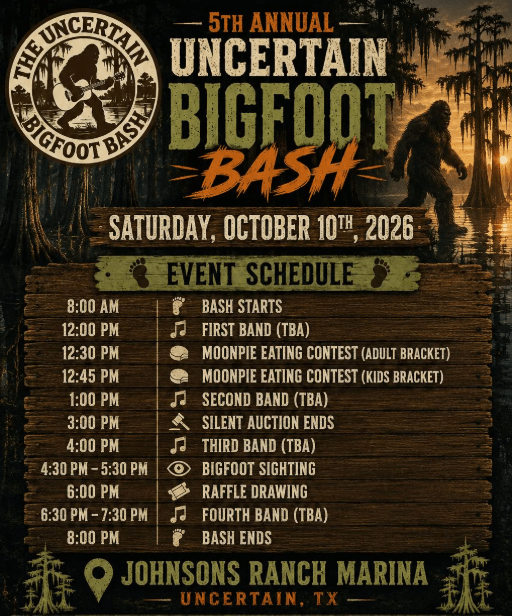 Poster for the 5th Annual Uncertain Bigfoot Bash at Johnsons Ranch Marina, Uncertain, TX, Oct 10, 2026.