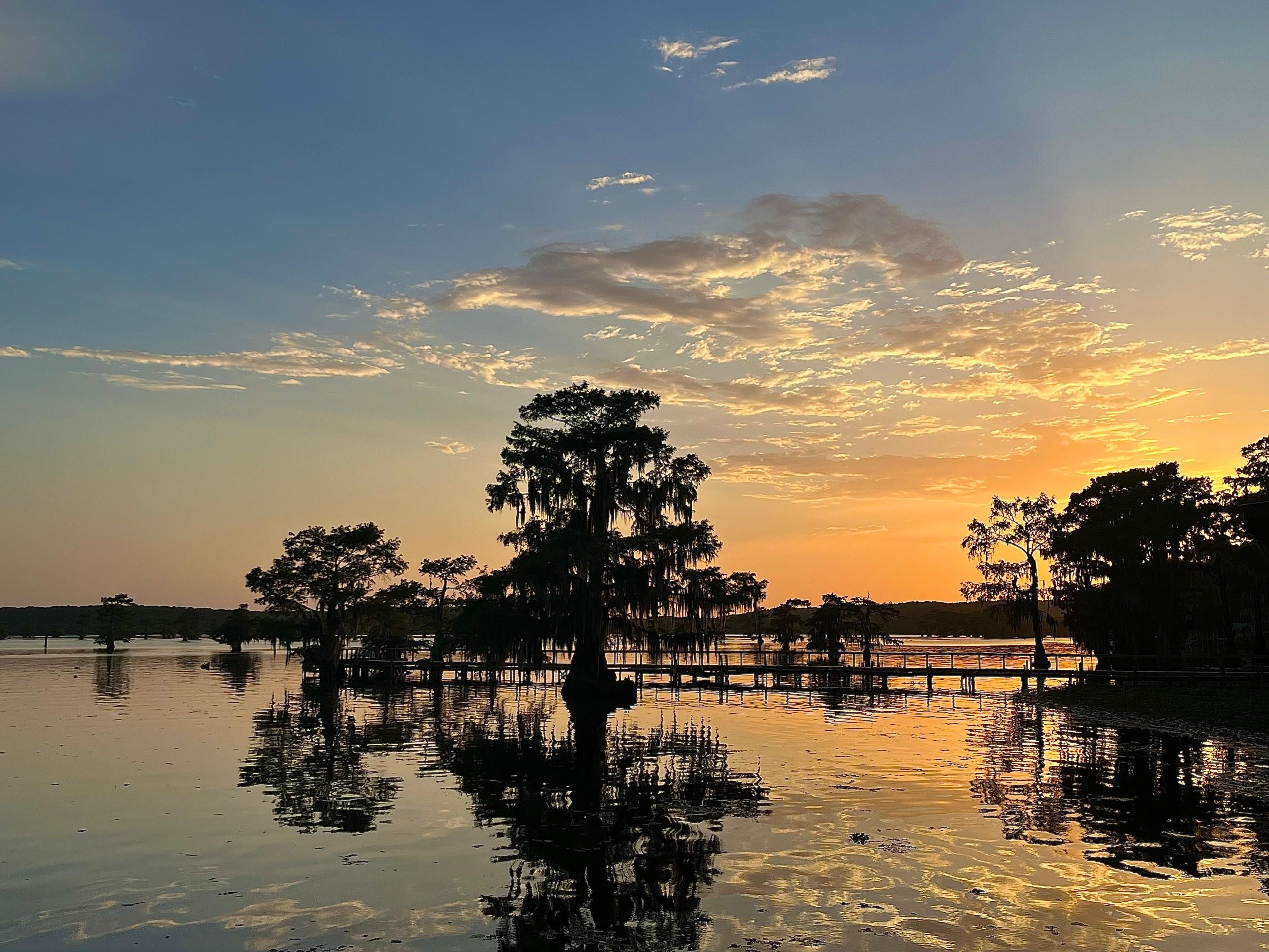 Sunset over a calm lake with silhouetted trees along the water’s edge and reflections on the surface.