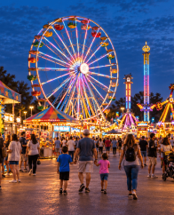 Bright carnival at dusk with a large illuminated Ferris wheel, colorful tents, and crowds of families strolling among game stalls and rides.