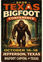 Poster announcing the 2026 Texas Bigfoot Conference in Jefferson, Texas, with a towering Bigfoot in a forest among tents and a pickup truck nearby.